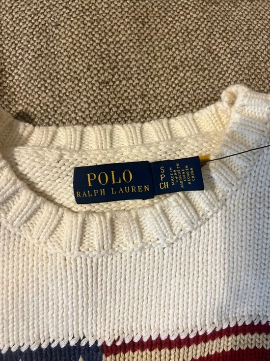 Polo by Ralph Lauren Cream Crewneck Sweater with Red & Blue Flag - Picture 3 of 6